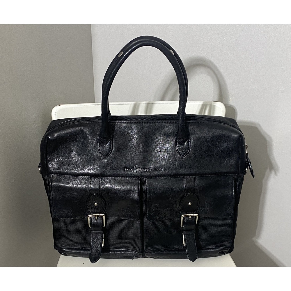 Vintage Polo Ralph Lauren Leather Canvas Laptop Briefcase Messenger Bag Black
